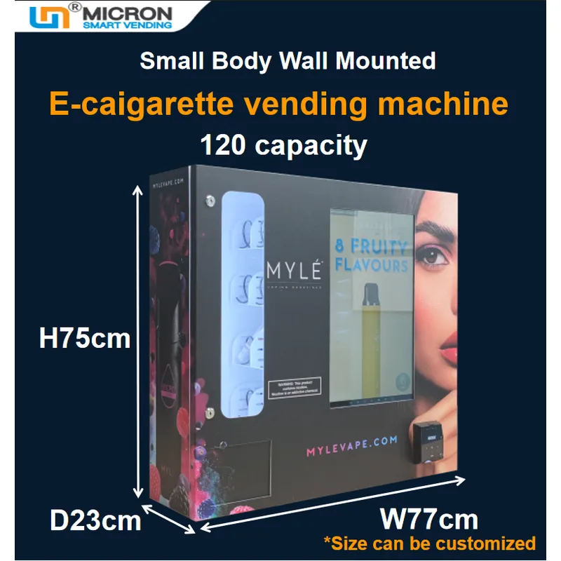 Micron E-cigarette vape vending machine can be hung on the wall in the club, it's a mini vending machine with affordable price. Micron smart vending